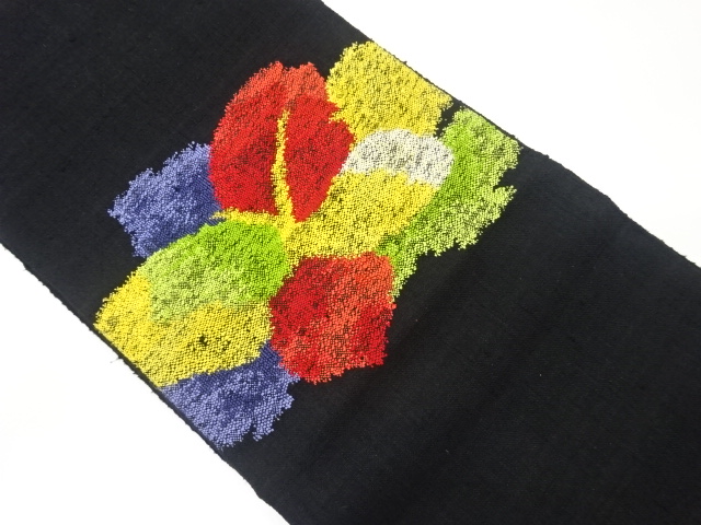 手織り紬抽象草花模様織出し名古屋帯